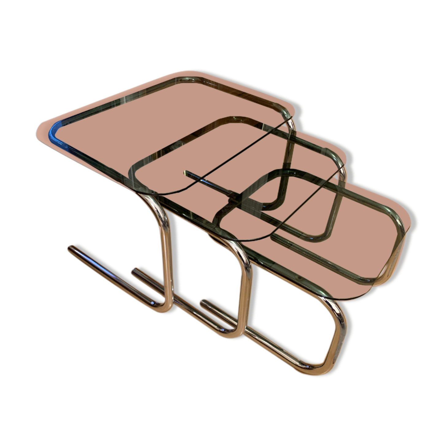 Pull out tables in chrome metal & smoked glass