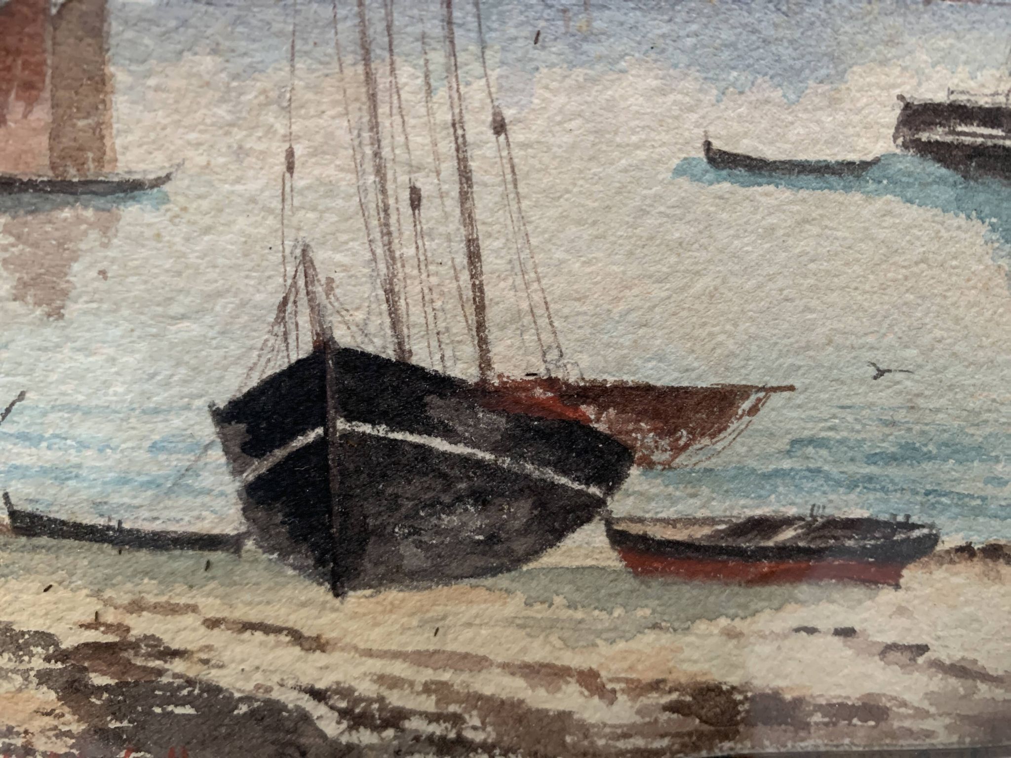 Marine watercolor "Sailboat at sea and stranded on the beach" 20th century
