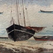 Marine watercolor "Sailboat at sea and stranded on the beach" 20th century