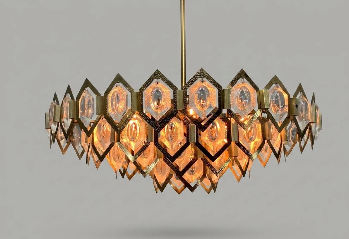 Faceted glass chandelier brass Jaroslav Bejvl Kamenický Šenov 1960s Czechoslovakia