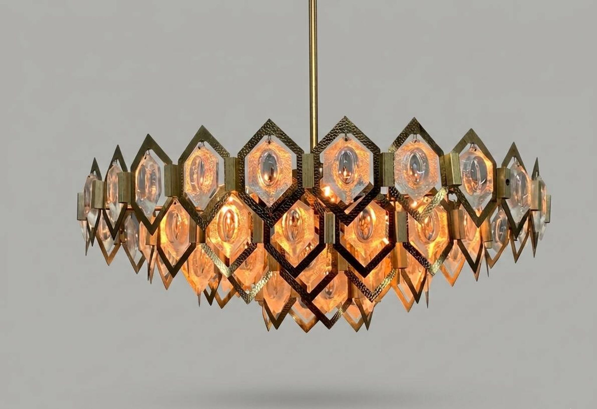 Faceted glass chandelier brass Jaroslav Bejvl Kamenický Šenov 1960s Czechoslovakia