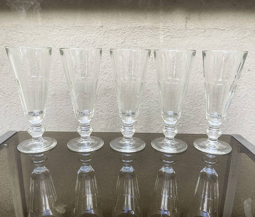 5 antique Caton-style champagne flutes in glass or crystal