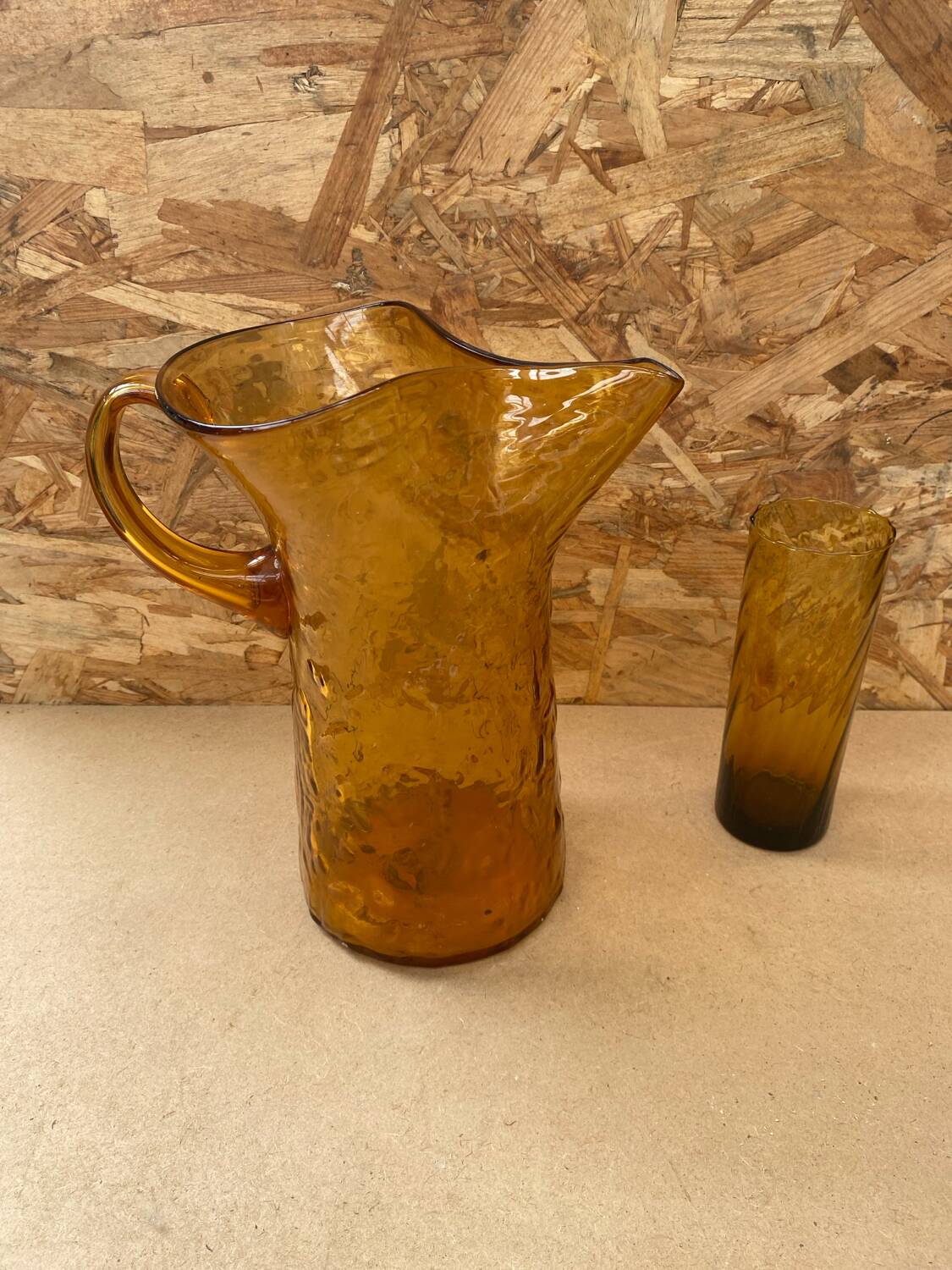 Orangeade carafe service + 5 vintage orange blown glass glasses