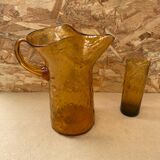 Ancien service a orangeade carafe + 5 verres verre soufflé orange vintage