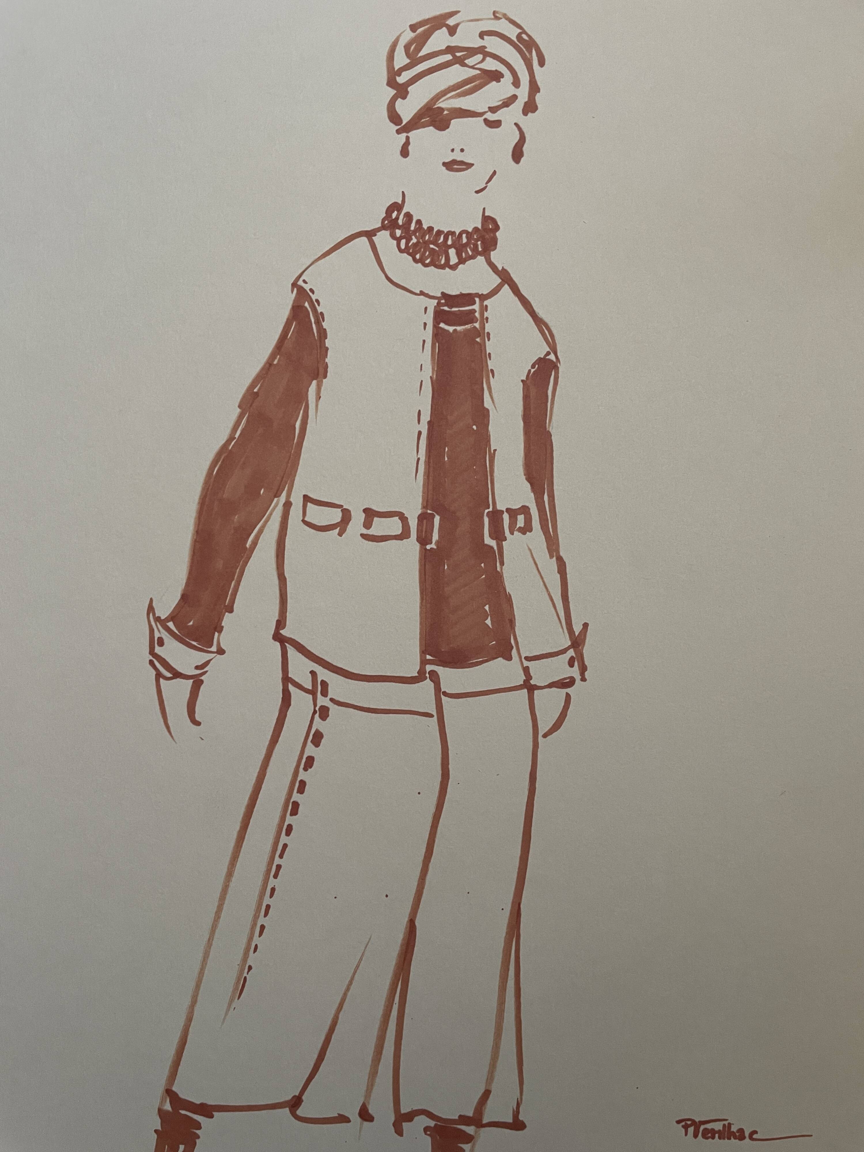 Painting signed in ink fashion engraving "study of a model of a woman's sleeveless vest"