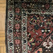 Antique handmade Hamadan Persian rug, ivory medallion on dark background 148x103.