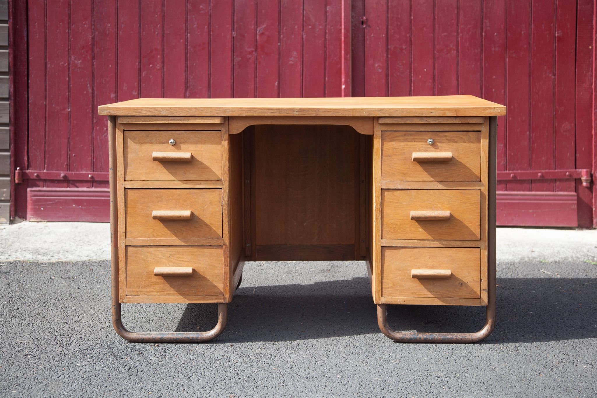 Old desk, wooden desk, school desk, desk with drawers and tablet, 50s