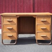 Old desk, wooden desk, school desk, desk with drawers and tablet, 50s