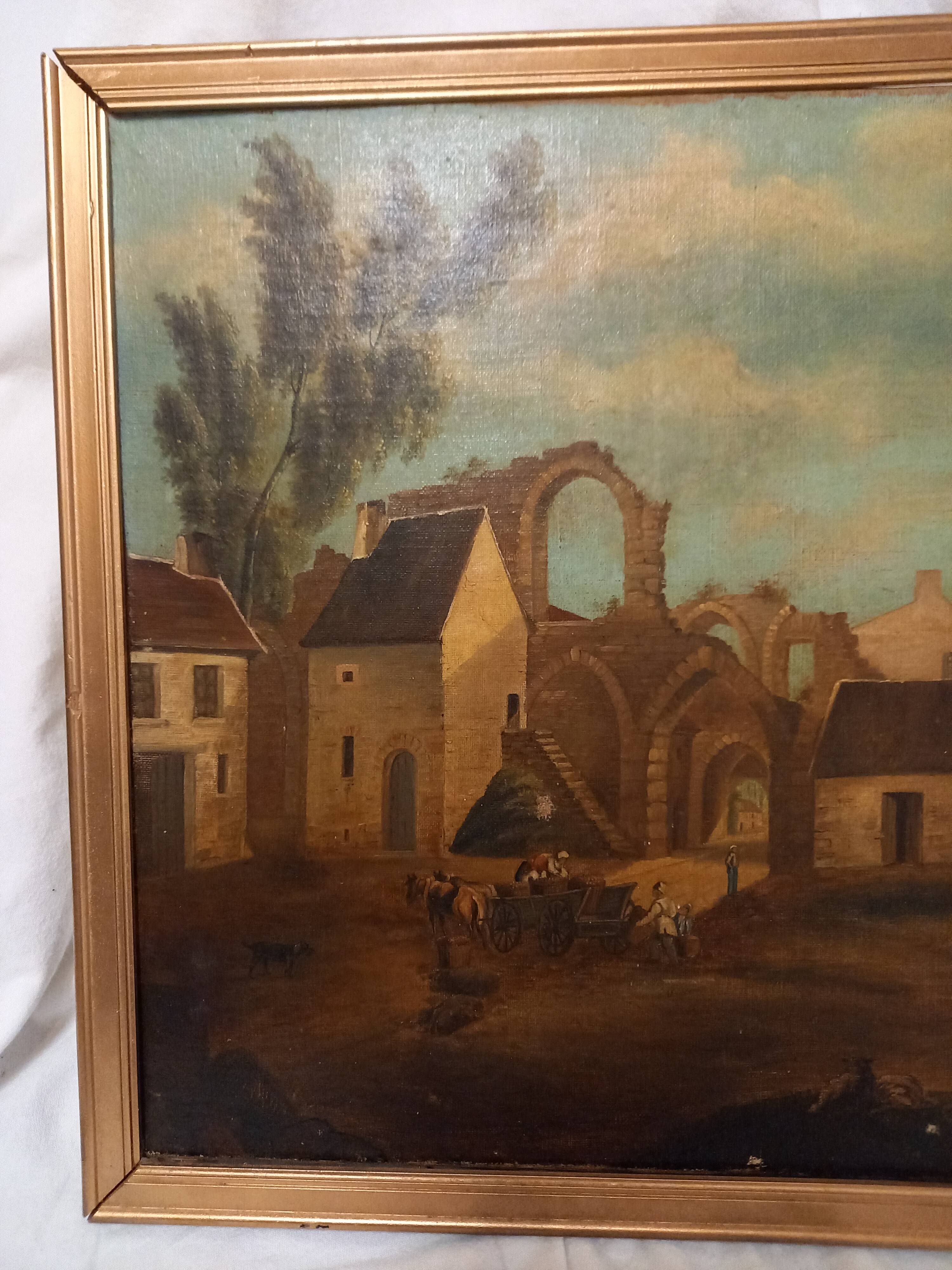 Ancient painting, French school of the 18th century, bucolic scene, ruins.