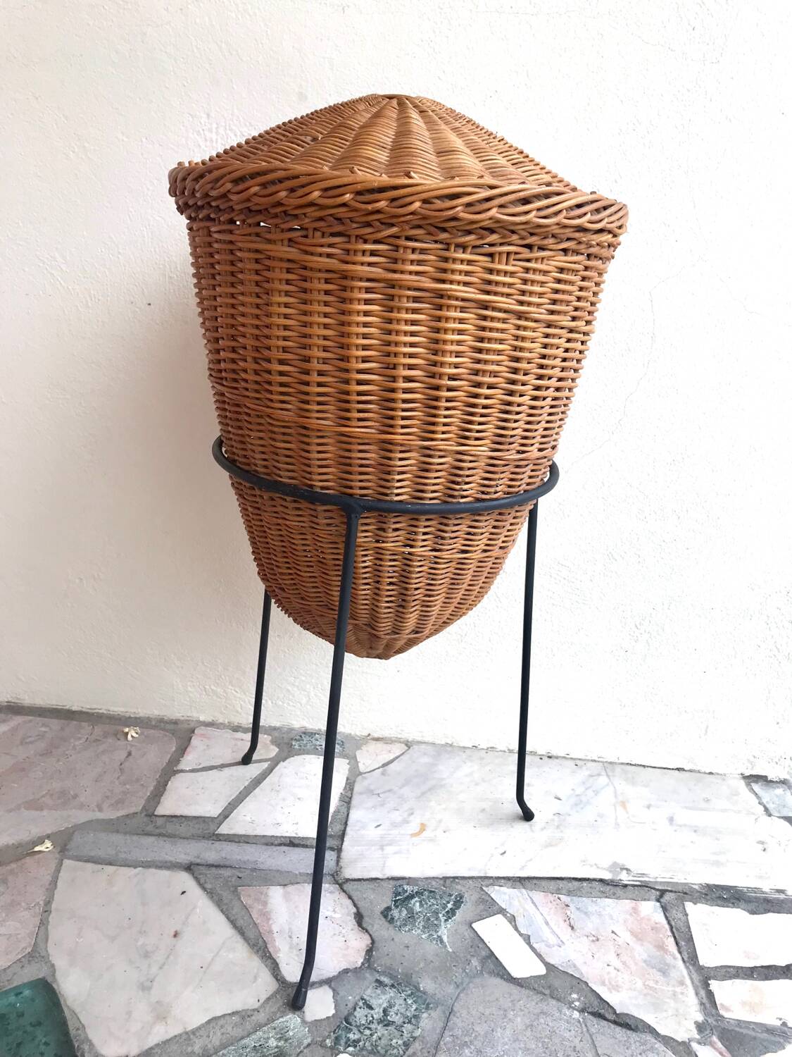 Vintage rattan workbench on stand