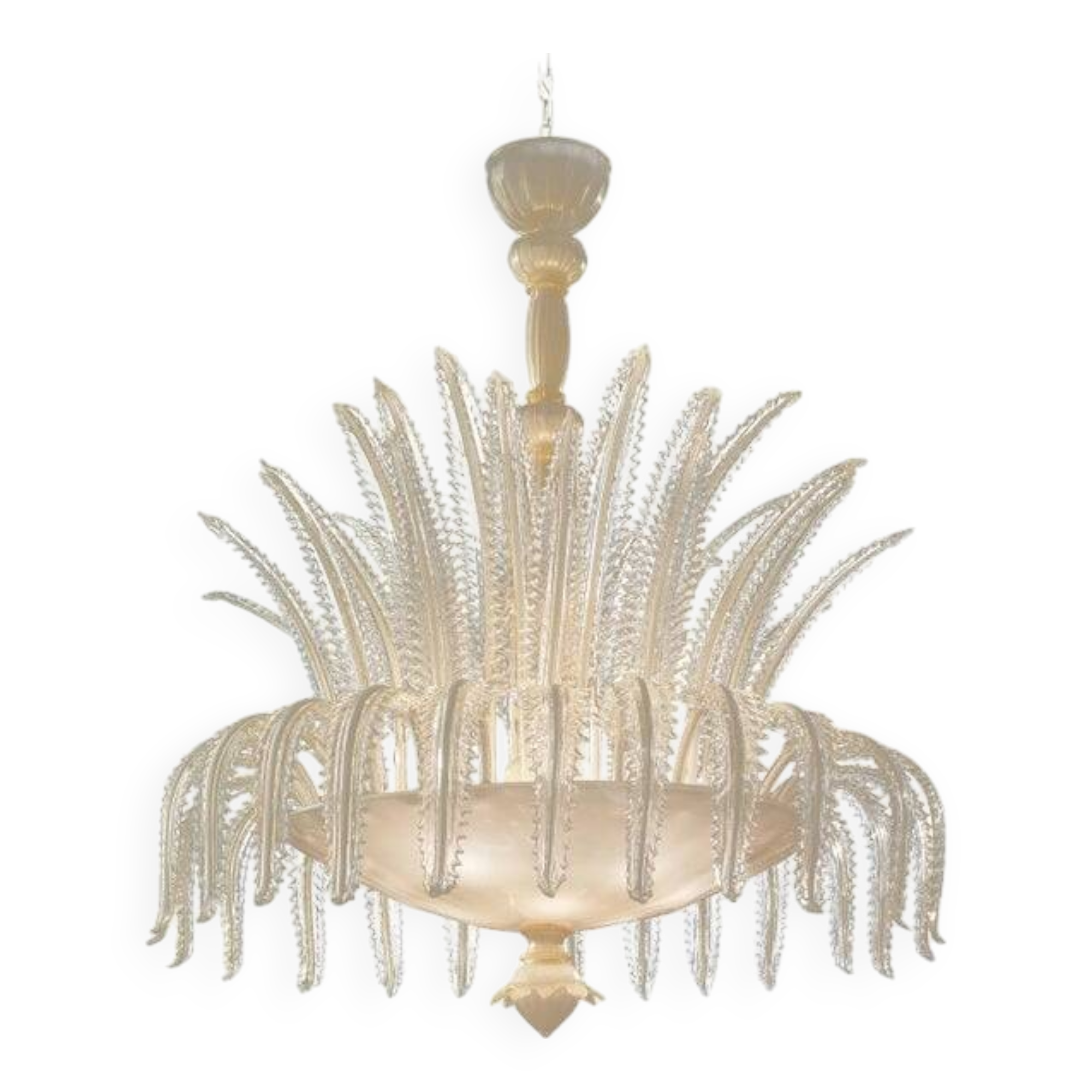 Contemporary Venetian White and Gold Leaves Murano Style Glass Chandelier