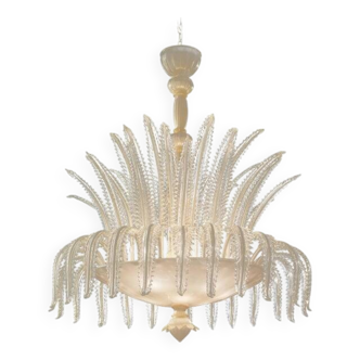 Contemporary Venetian White and Gold Leaves Murano Style Glass Chandelier