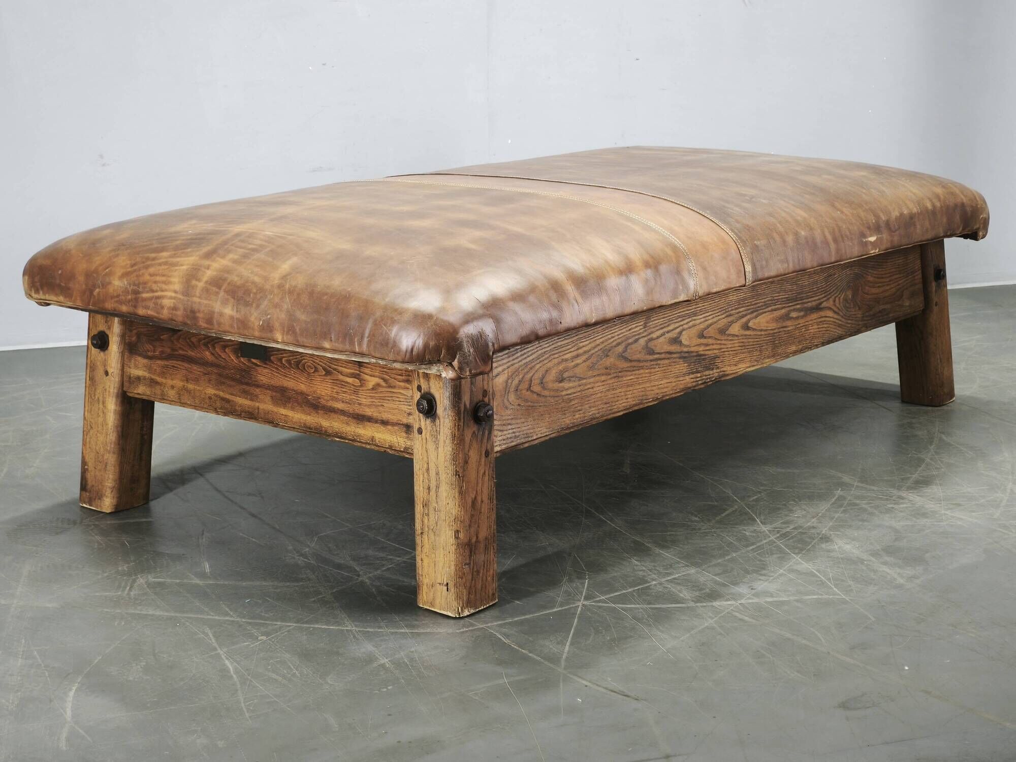 1940s Czechoslovak Oak and Patinated Leather Gym Bench