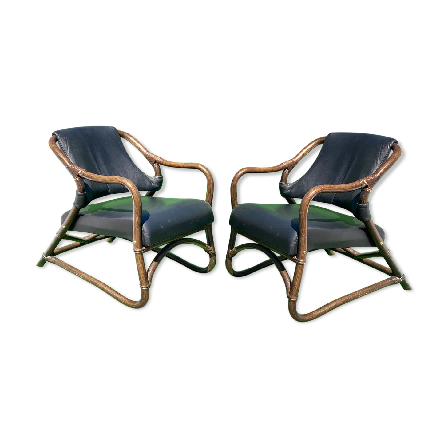 Paire de chaises longues en bambou avec cuir skai