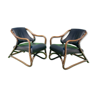 Paire de chaises longues en bambou avec cuir skai