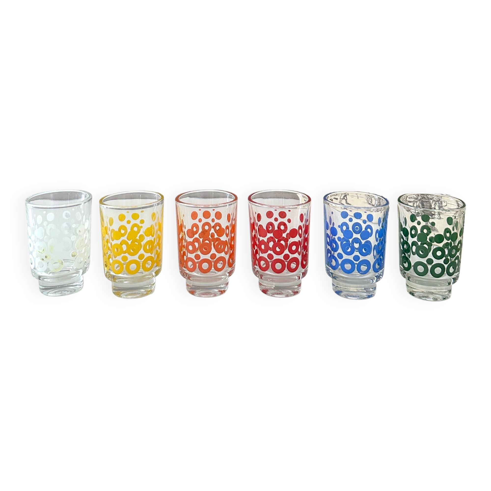 6 colourful vintage glasses, shot glasses Glashütte, 70's
