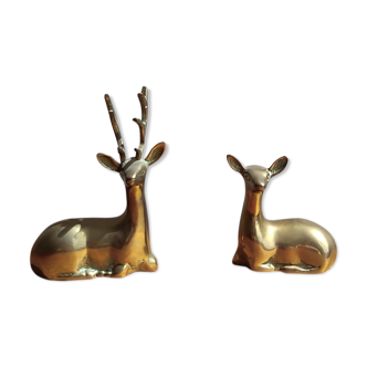 Couple doe and deer sitting in brass