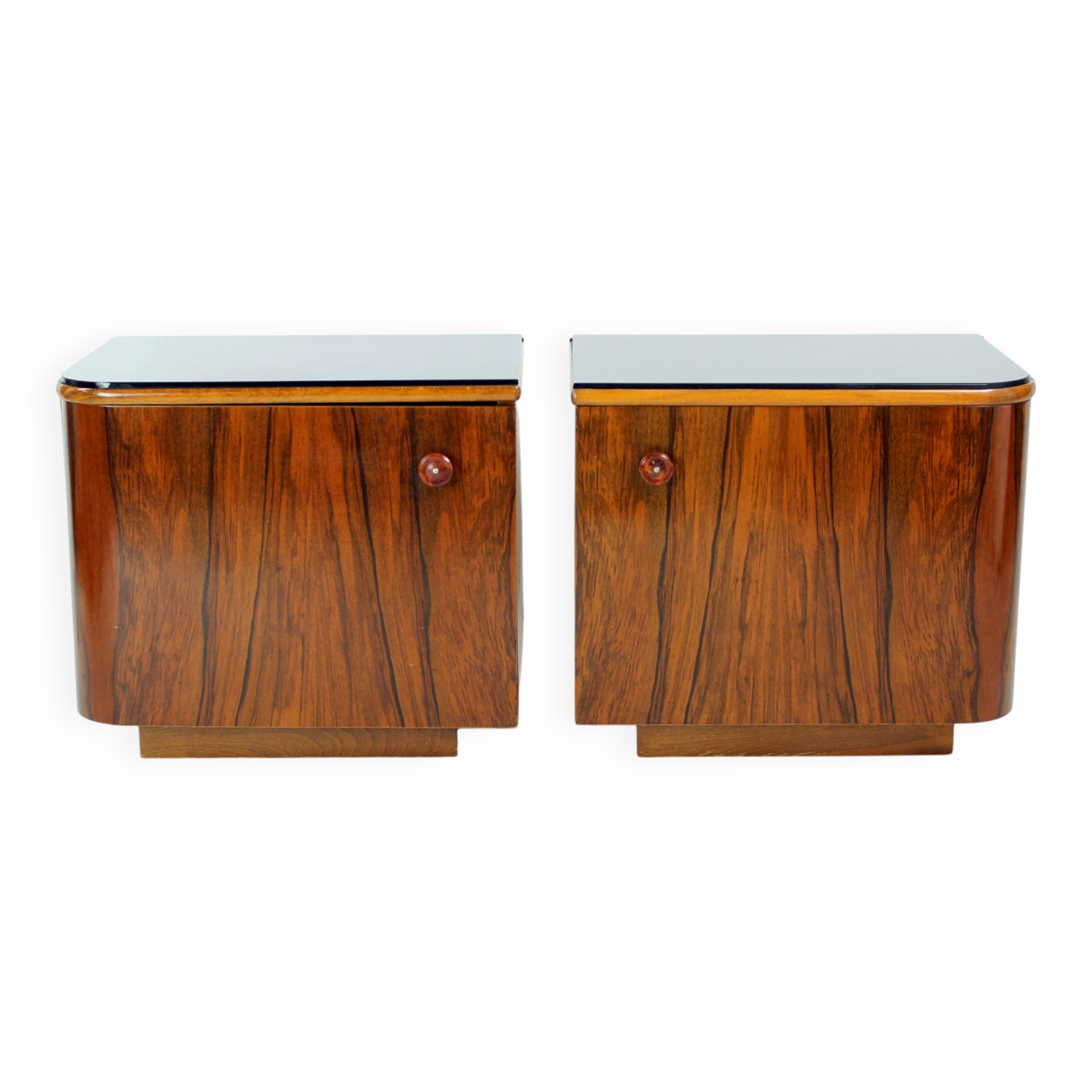 Pair of Art Deco bedside tables in walnut and black glass, Czechoslovakia.