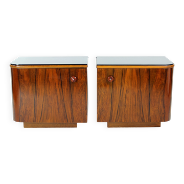 Pair of Art Deco bedside tables in walnut and black glass, Czechoslovakia.