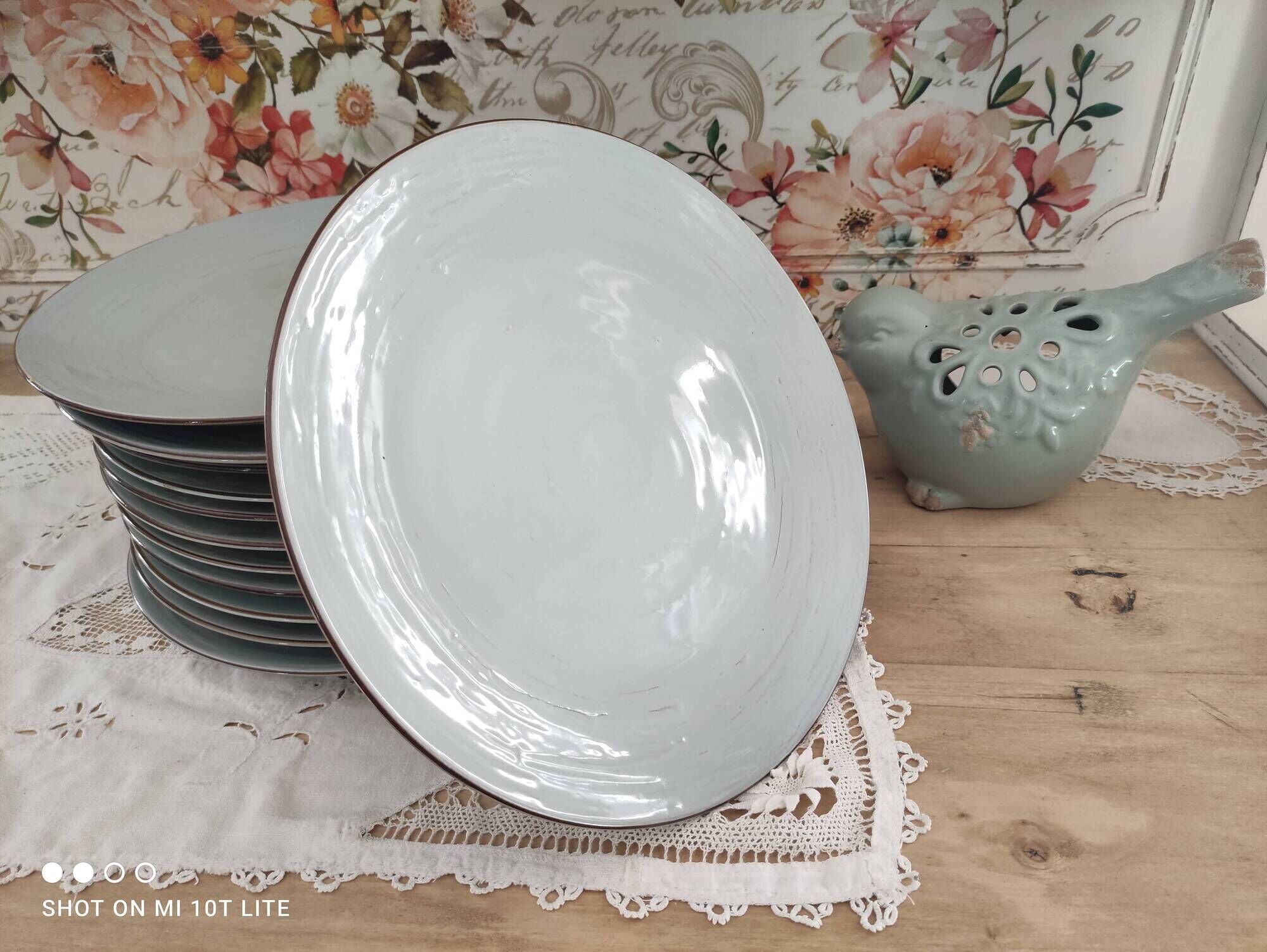 Set of 12 terracotta dinner plates enameled in green cecina
