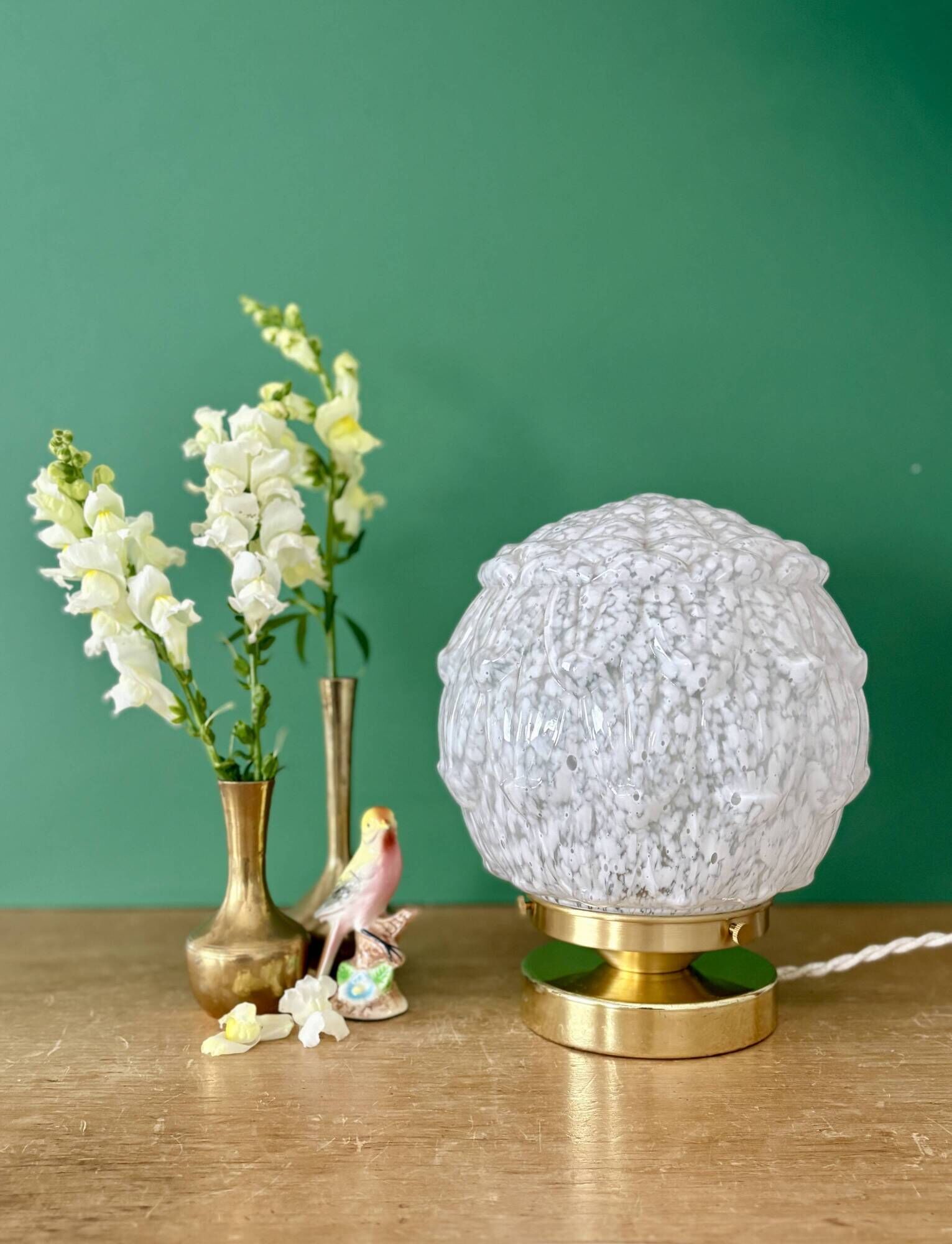 Vintage Art Deco globe table lamp in white Clichy glass