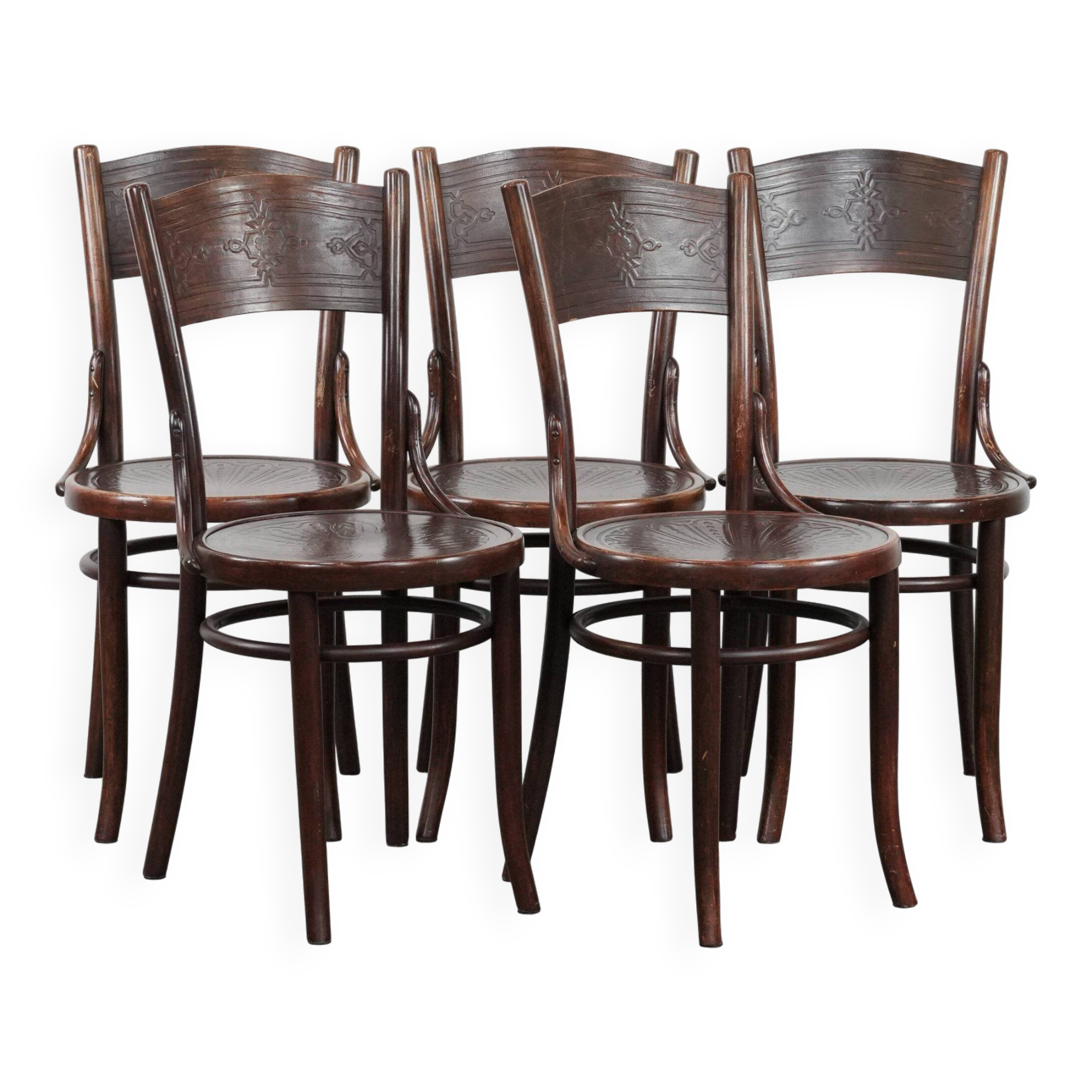 Set of five vintage wooden Cosmos bistro design chairs with stunning detail