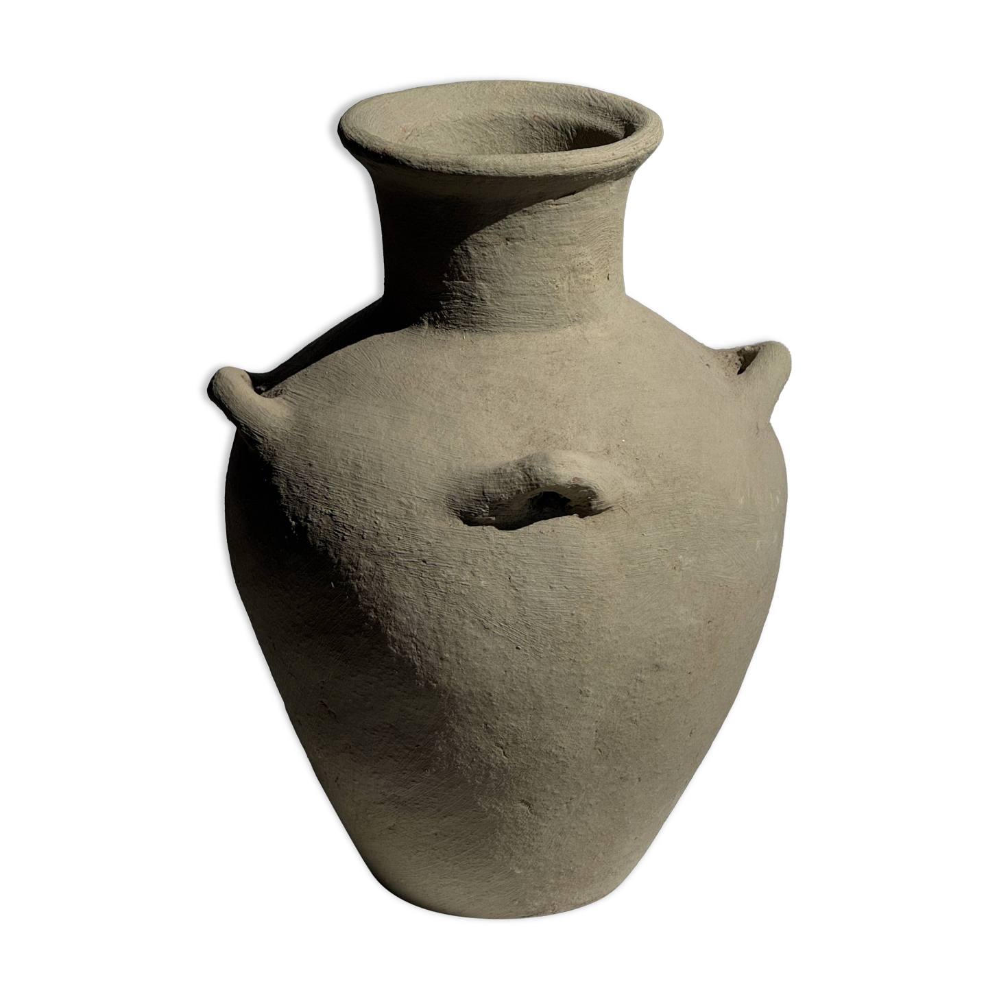 Light beige-grey Indonesian terracotta vase with 4 small handles and a high neck.