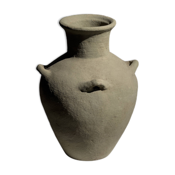 Light beige-grey Indonesian terracotta vase with 4 small handles and a high neck.