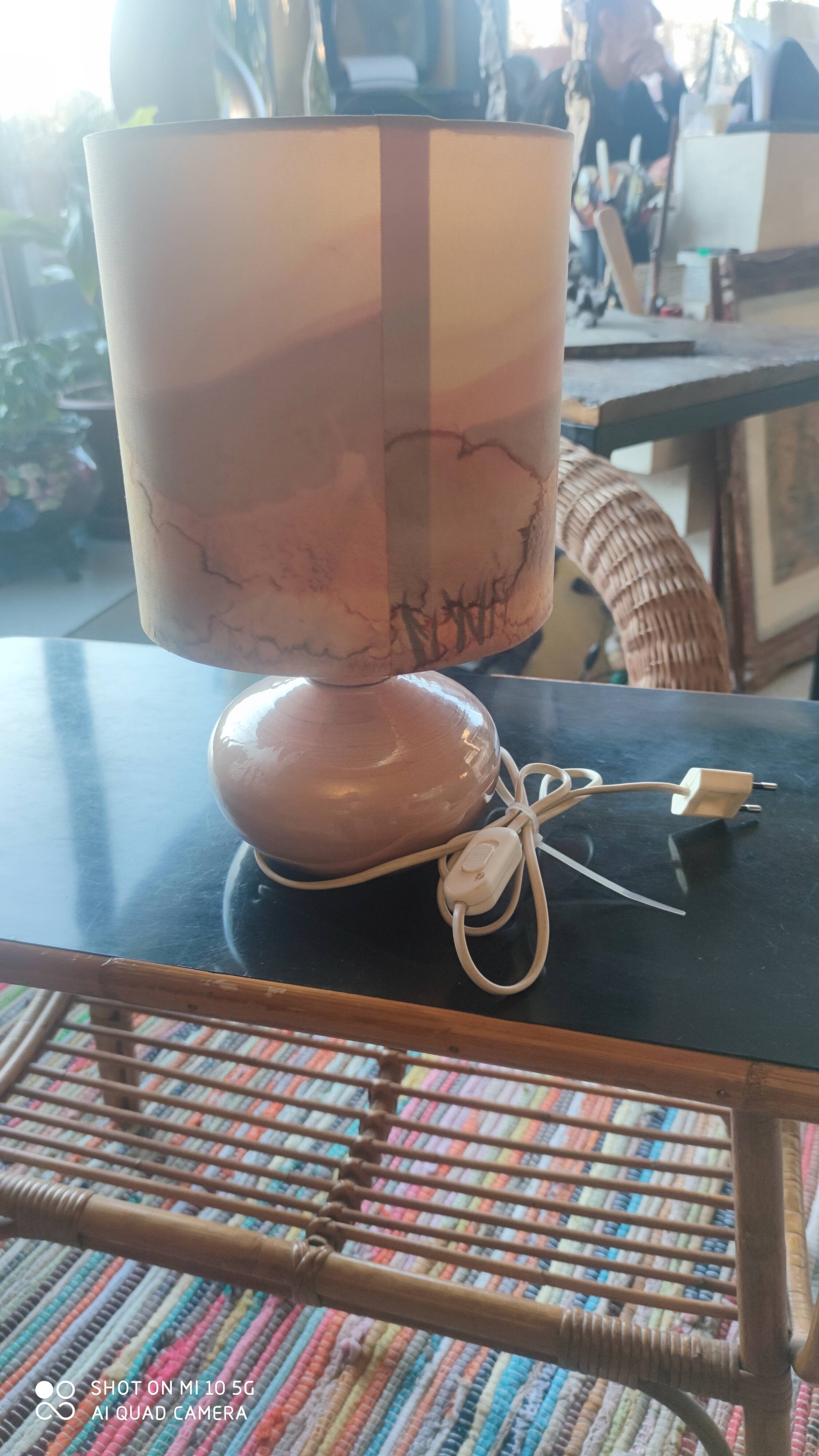 Ceramic lamp and its painted silk lampshade, circa 1970