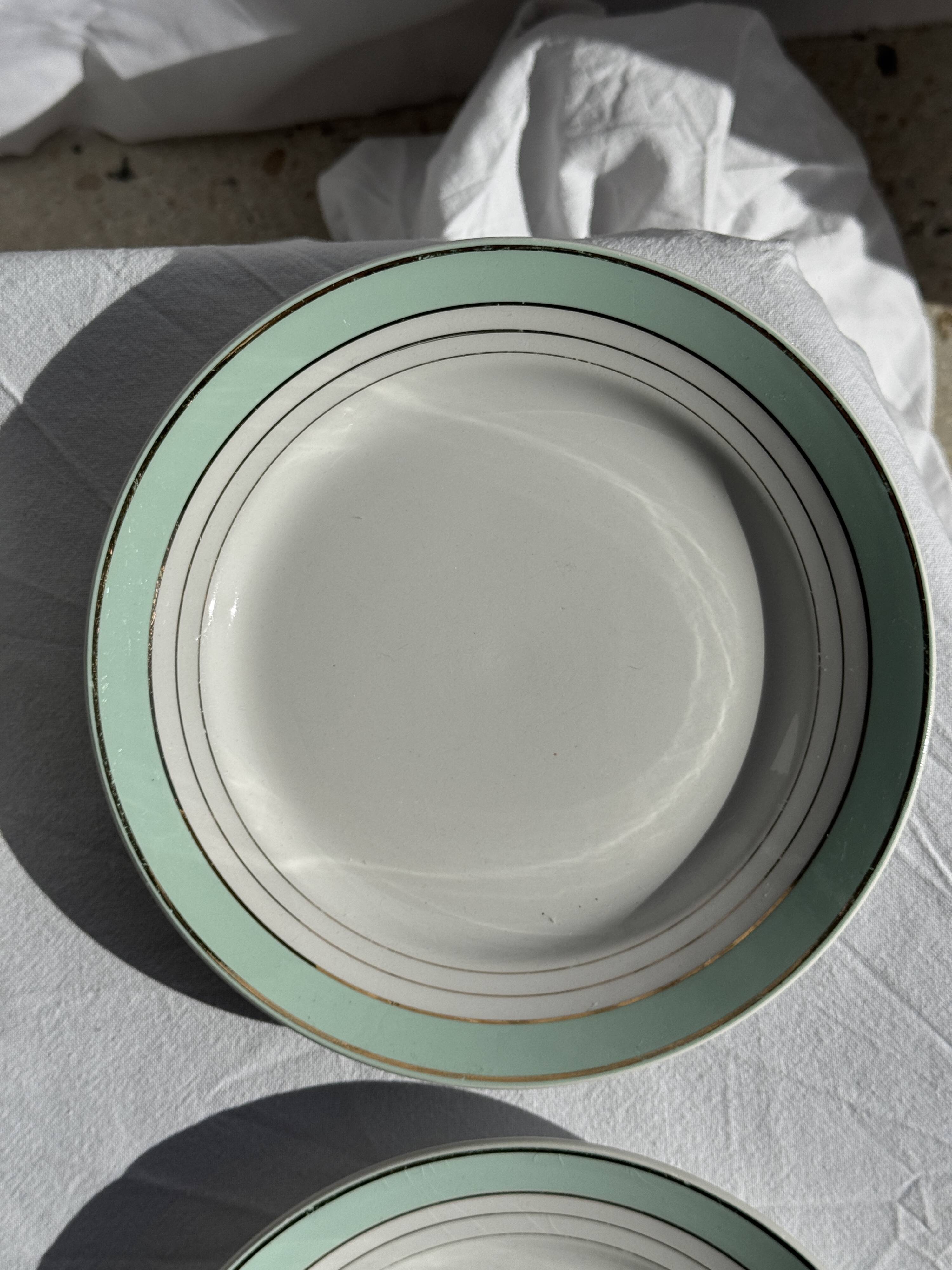 Set of 7 antique flat plates in turquoise earthenware with a gold rim D22