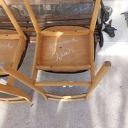 3 Scandinavian style chairs, light wood and black faux leather.