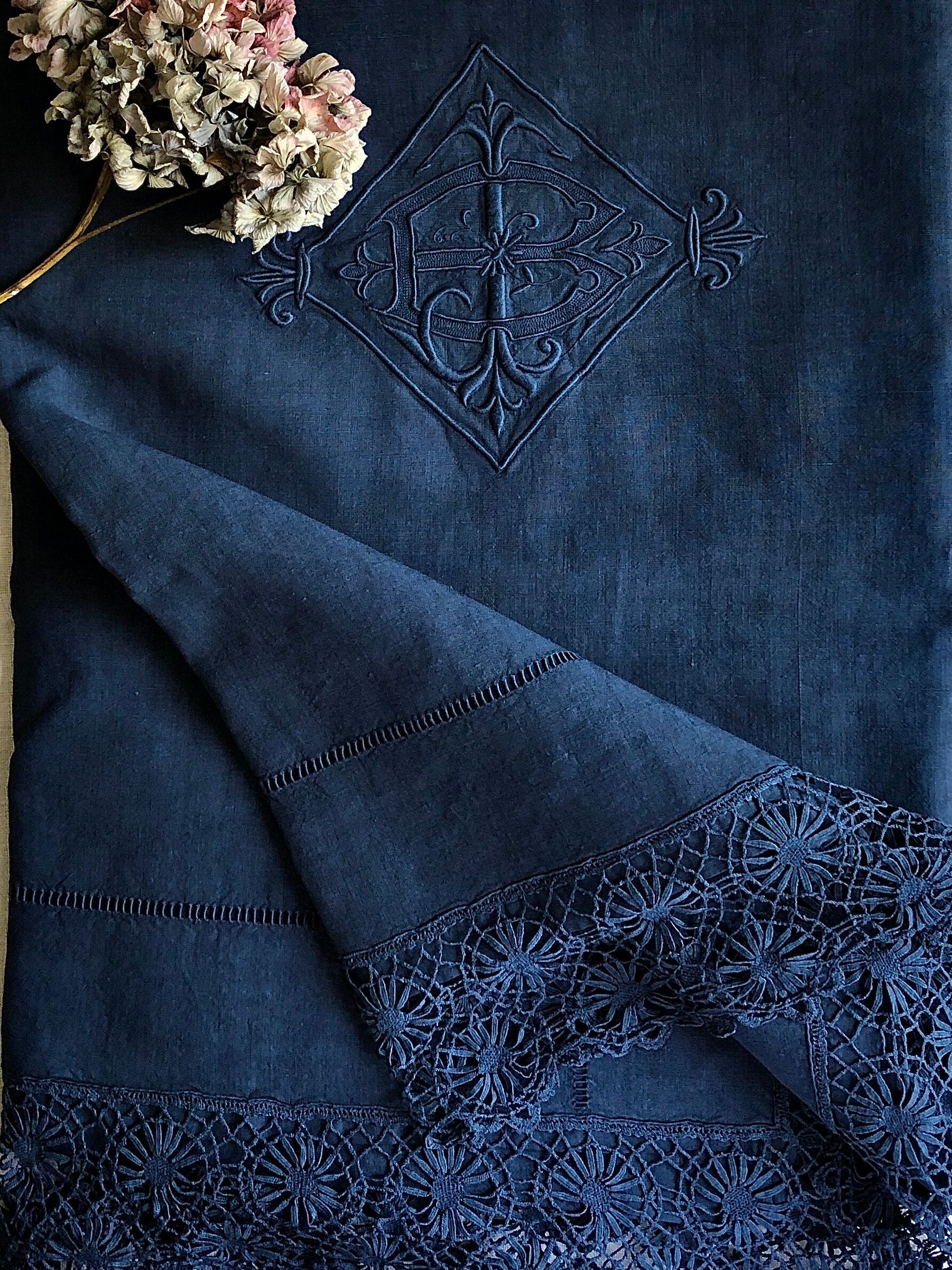 Old sheet in pure washed linen thread blue twilight