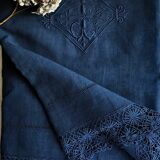 Old sheet in pure washed linen thread blue twilight