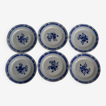 6 blue vintage earthenware dessert plates