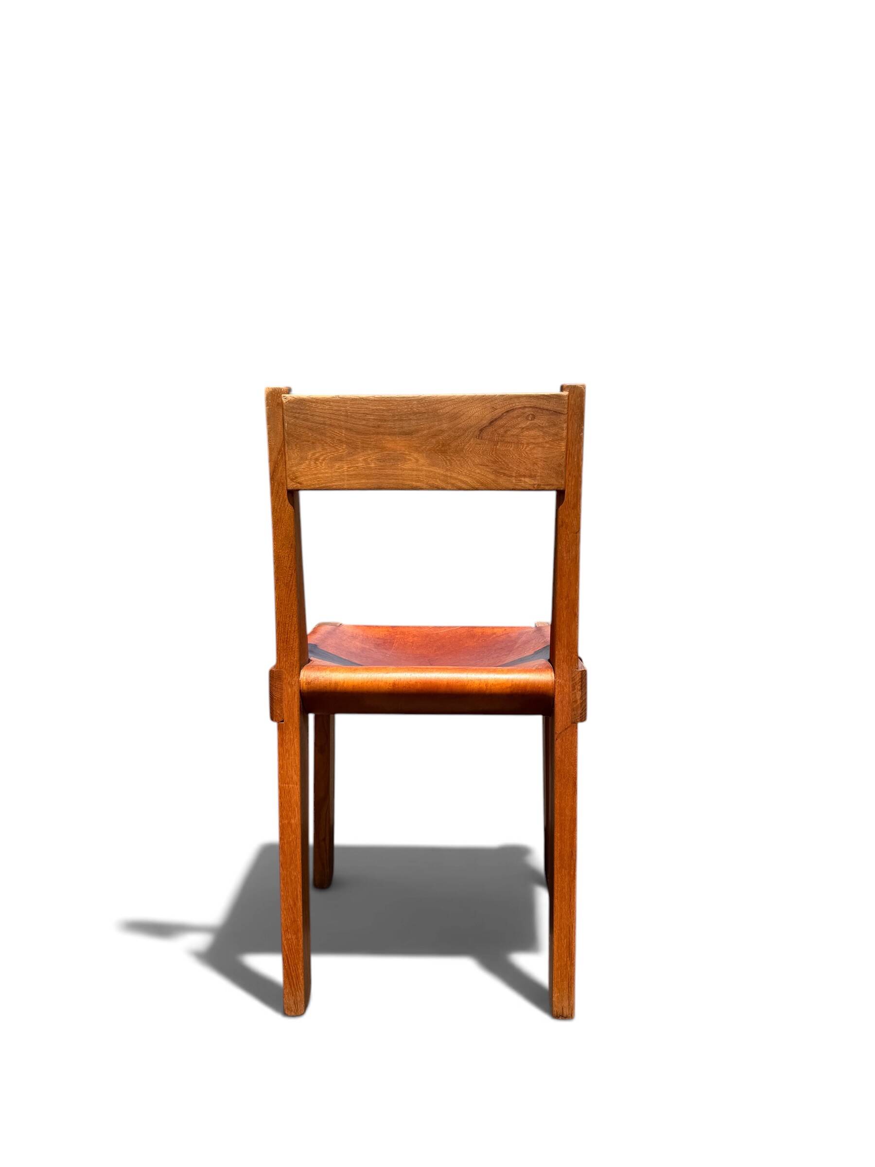 Chair S24 Pierre Chapo - Solid Elm & Cognac Leather Brutalist