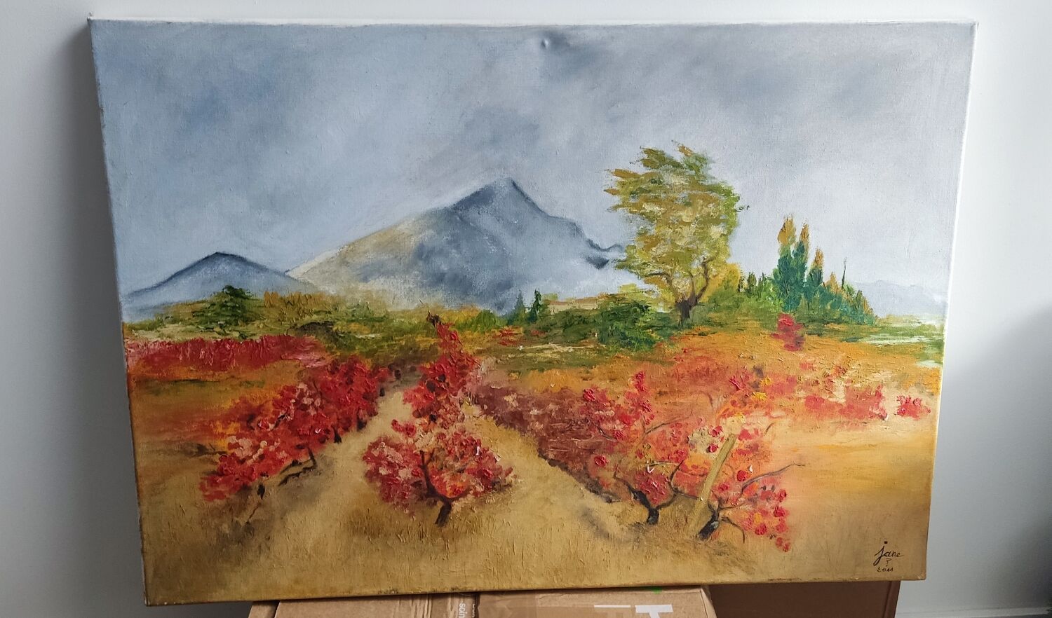 Textured autumn landscape painting – signed Jane – 70x50 cm