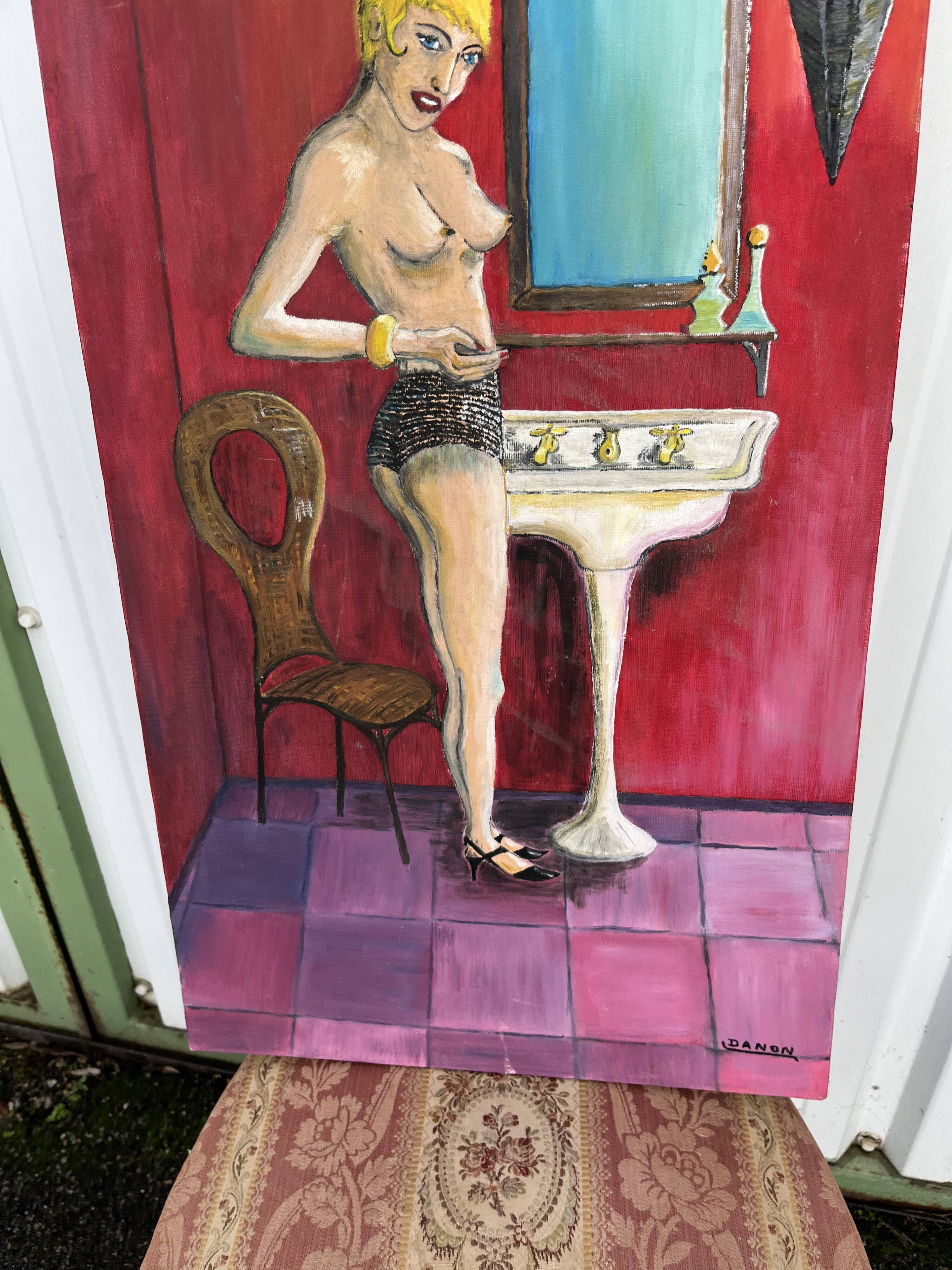 Painting Woman in the Bathroom - Signed Danon, Art Deco Style