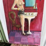 Tableau Femme dans la Salle de Bain - Signé Danon, Style Art Déco