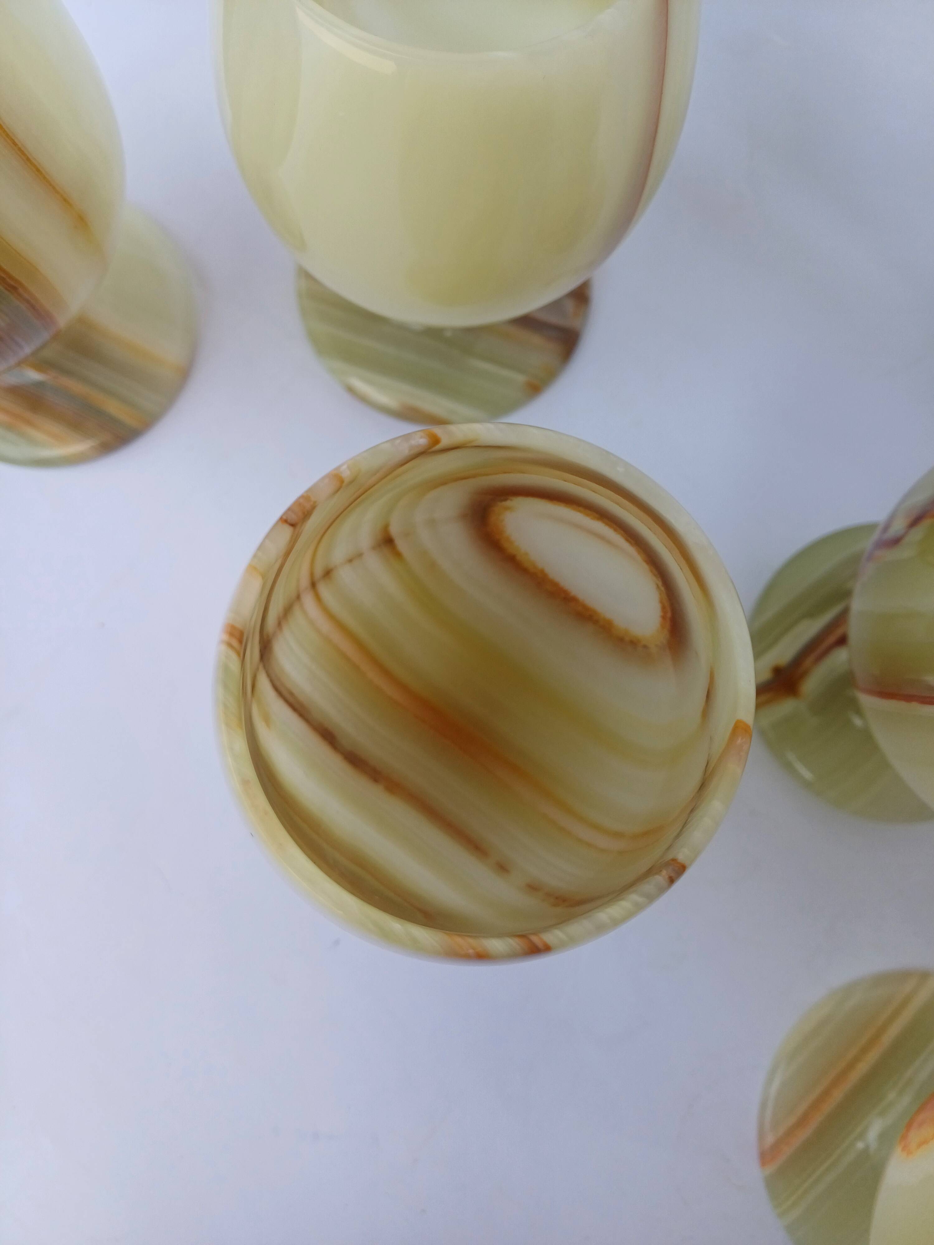 set of 6 green alabaster stone wine goblet stemmed glasses