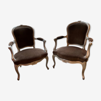 Pair of Louis XV silverwood and brown velvet armchair