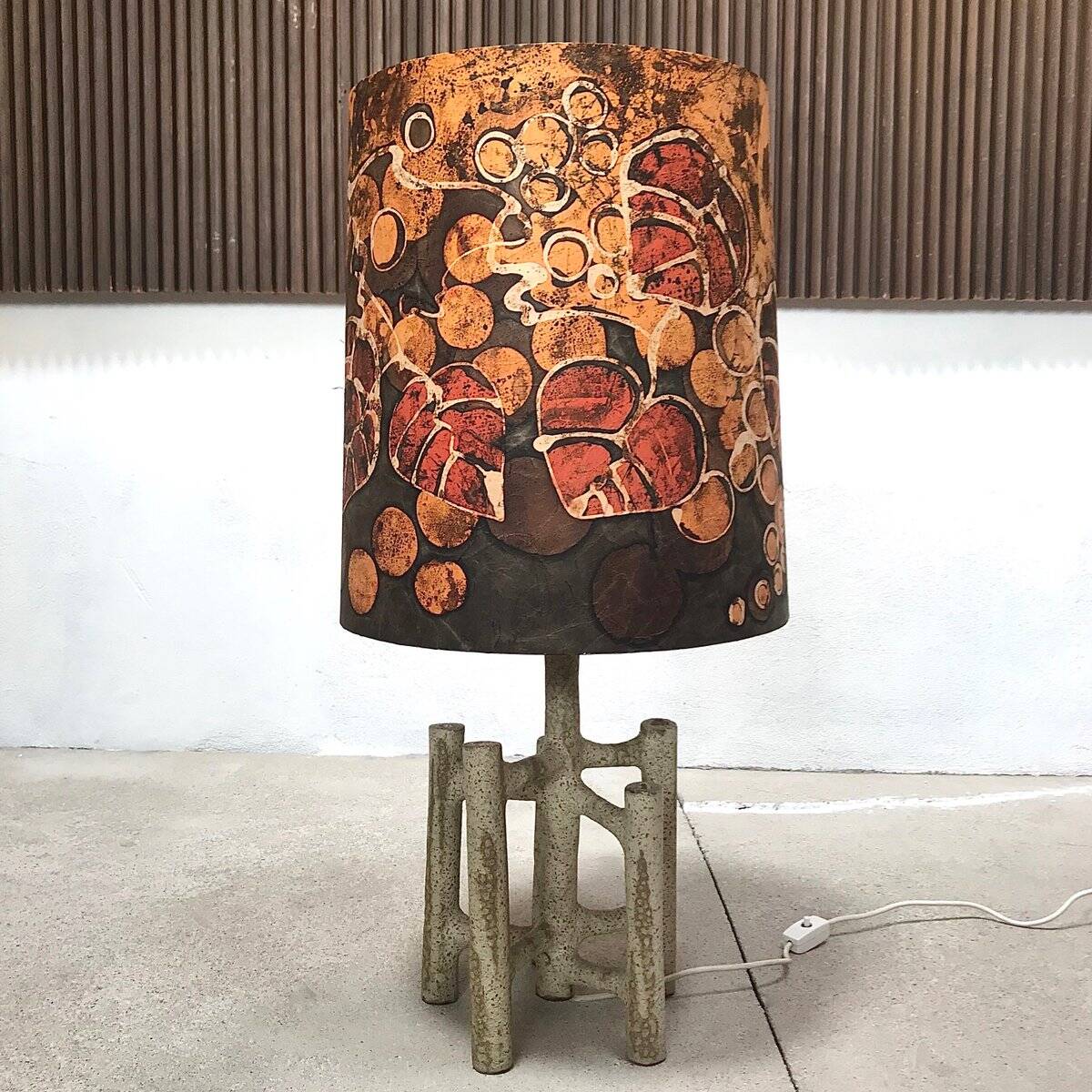 Large sculptural ceramic table lamp with textile batik lampshade, 1960s