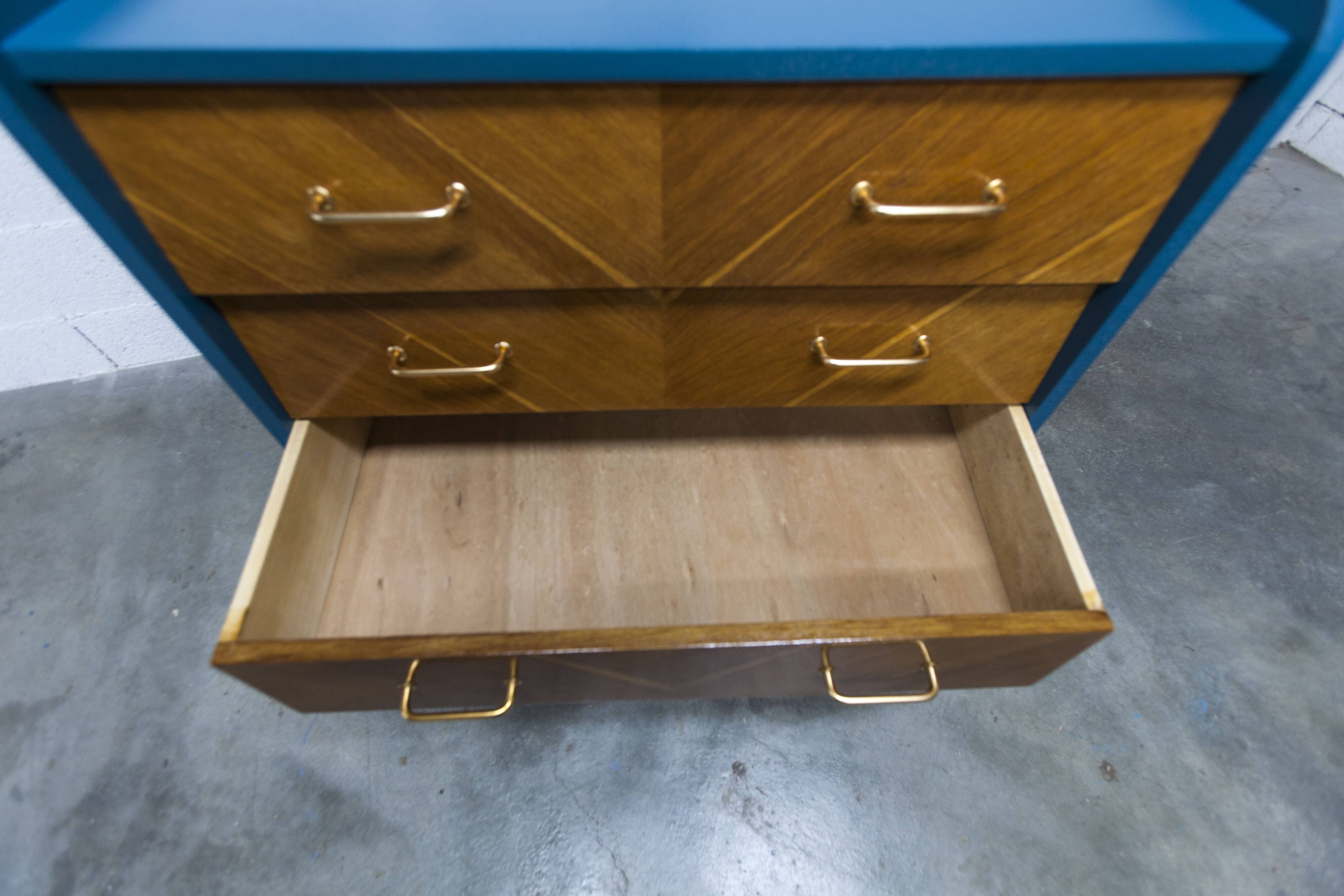 Commode scandinave 1960 atypique bleu Satiné 4 tiroirs