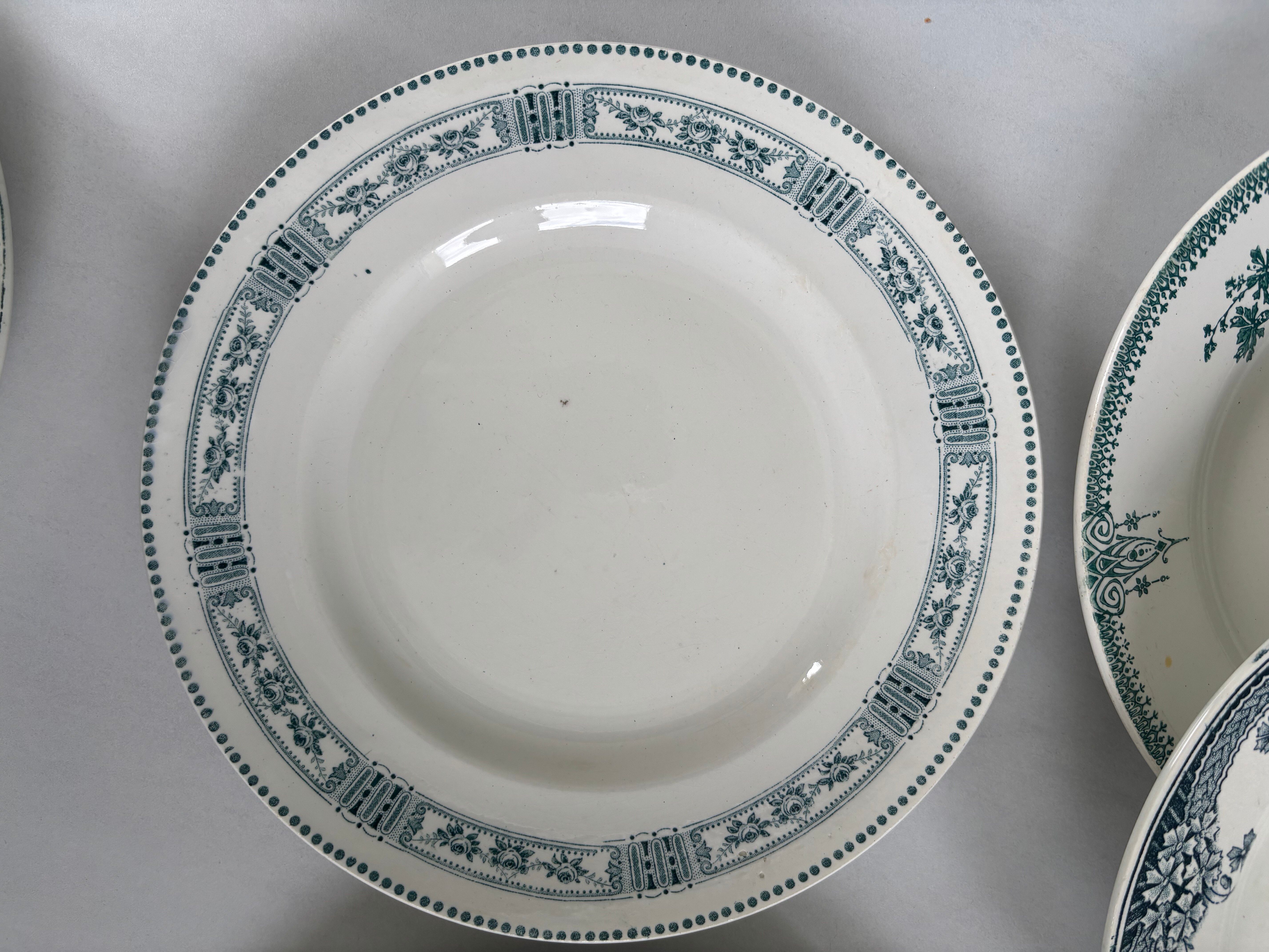 Lot 6 blue and green ironstone plates, antique French earthenware.