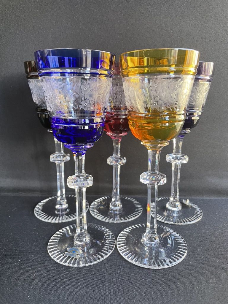 Josephinenhütte - red wine glasses (5) - Art Nouveau - Cut and engraved Crystal Roemer