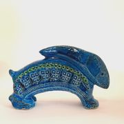 Rabbit statue, vintage, Aldo Londi for Bitossi, Rimini blue series