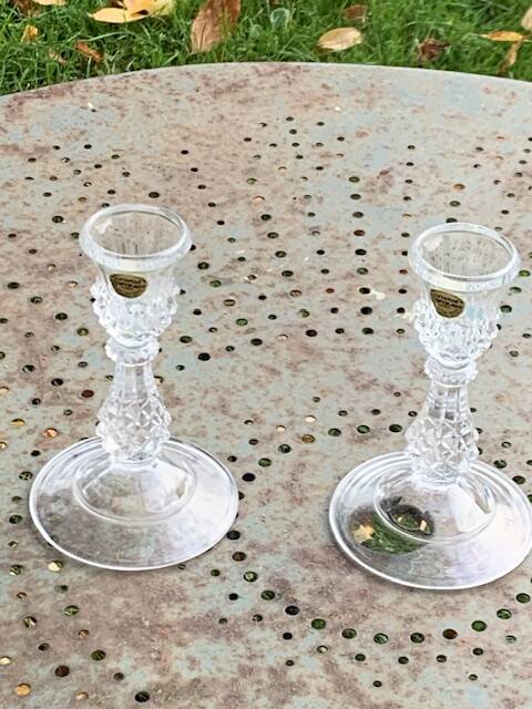 Pair of crystal candlesticks, darques crystal, diamond pattern, vintage Original label