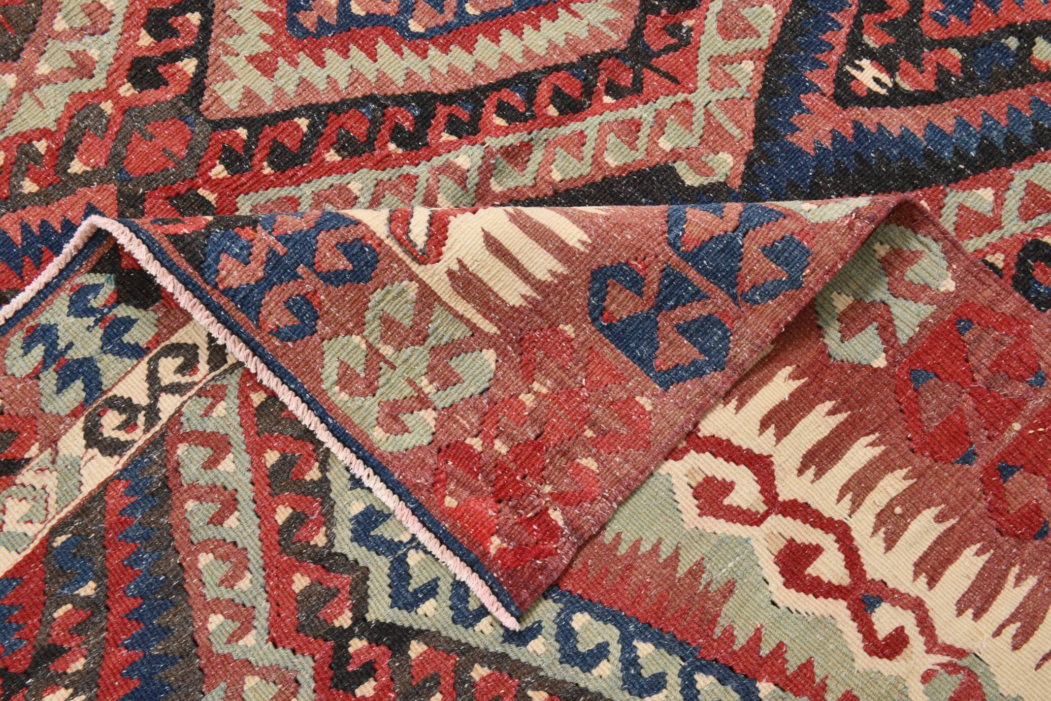 Kilim Ancien Fait Main en Laine Rouge et Bleu,Tapis Plat Vintage,165x231 Cm