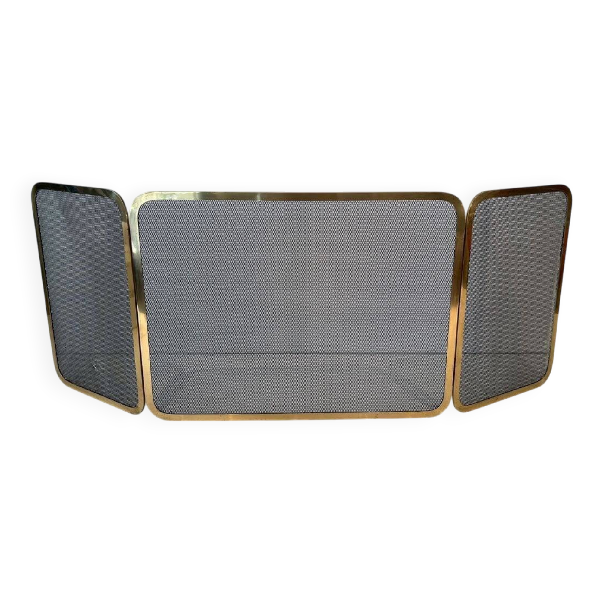 Three-Panel Folding Fire Screen in Polished Brass and Steel Mesh