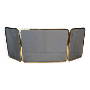 Three-Panel Folding Fire Screen in Polished Brass and Steel Mesh