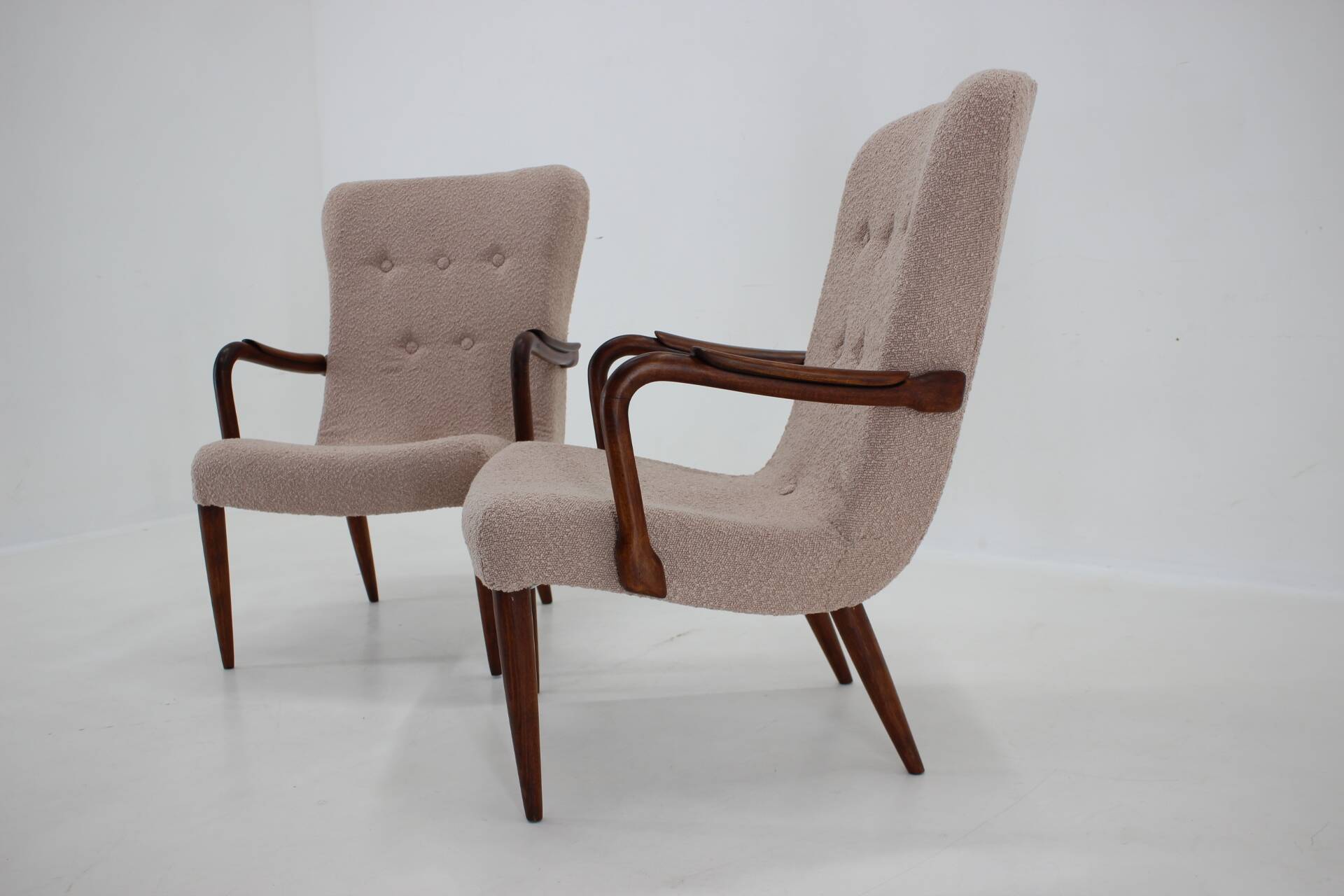 1960s pair of restored danish armchairs in boucle